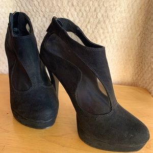 High heels 5 inches, black suede, only worn once, heel zipper. Size 9.